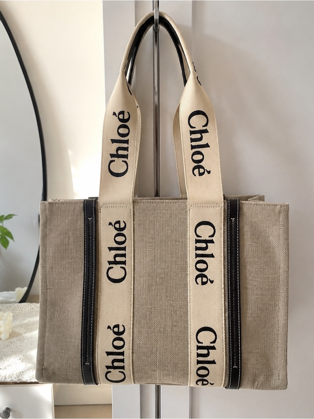 Chloé Natural Canvas Tote with Logo Straps
